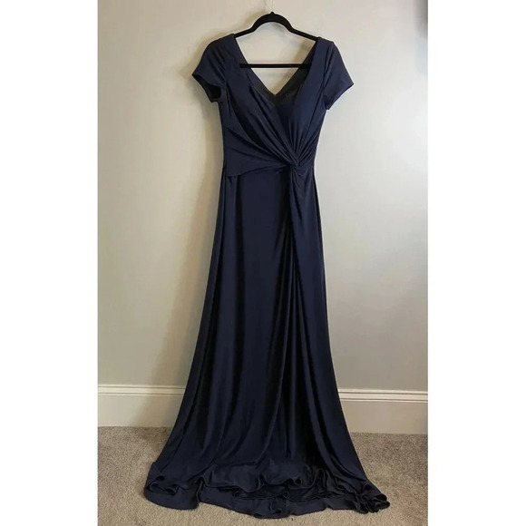 La Femme V-Neck Cap Sleeve Jersey Gown Ruching Navy Blue Formal Women’s 6 - Picture 4 of 7